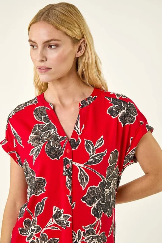Roman Womens Floral Puff Print Stretch Top in Red Size: 18 Red Female 18