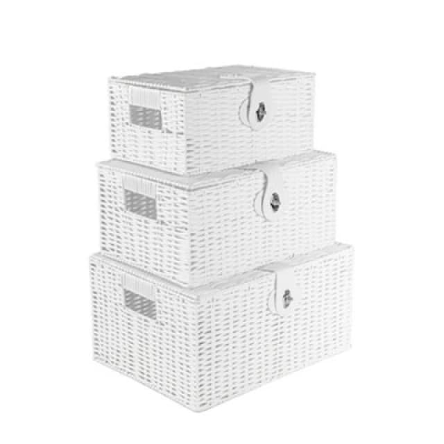 Innoteck Essentials Wicker Woven Storage Baskets With Lid (Set Of 3) - White.