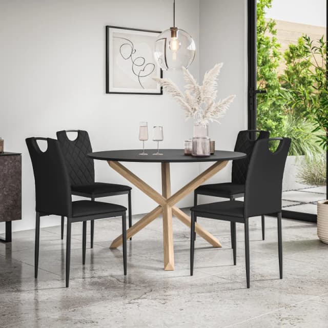 More4Homes Malvern Round Dining Table And Chairs - Black Table Top W Solid Oak Legs + Monza Faux Leather Dining Chair Set Of 4 (Black)