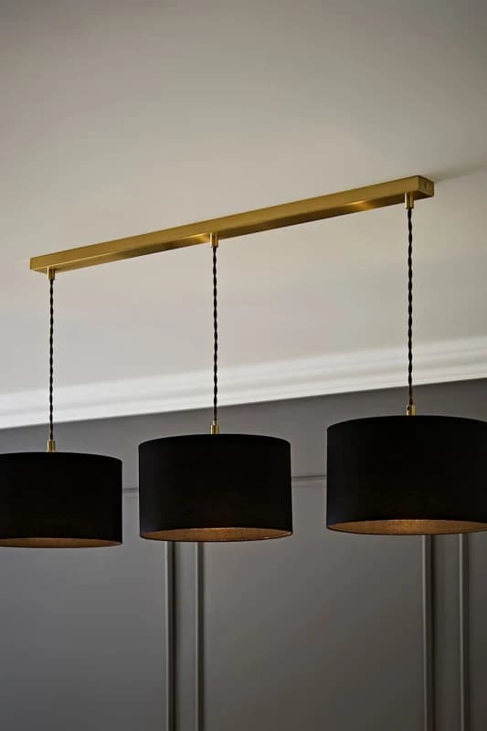 ValueLights ValueLights Reni Fabric Drum Shade 3 Drop Bar Gold Diner Ceiling Pendant Light in Black One Size Unisex 5059406063220