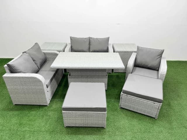 Fimous High Back Poly Rattan Garden Furniture Set with Adjustable Lifting Dining or Coffee Table Indoor Outdoor Patio Set 2 Big Stool 2 Side Table