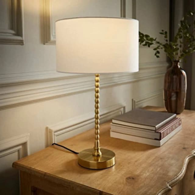 ValueLights ValueLights Maeve Fabric Drum Lamp Shade Brushed Gold Bobbin Bobble Table Lamp in White White One Size Unisex 5059406065170