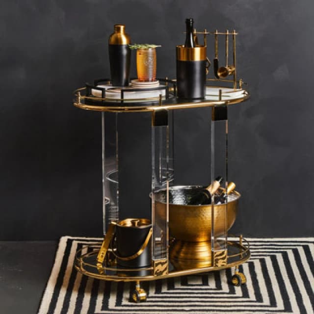 Orsina 2 Tier Gold Metallic Drinks Trolley With Acrylic Support, Mirrored Glass Tray Shelf