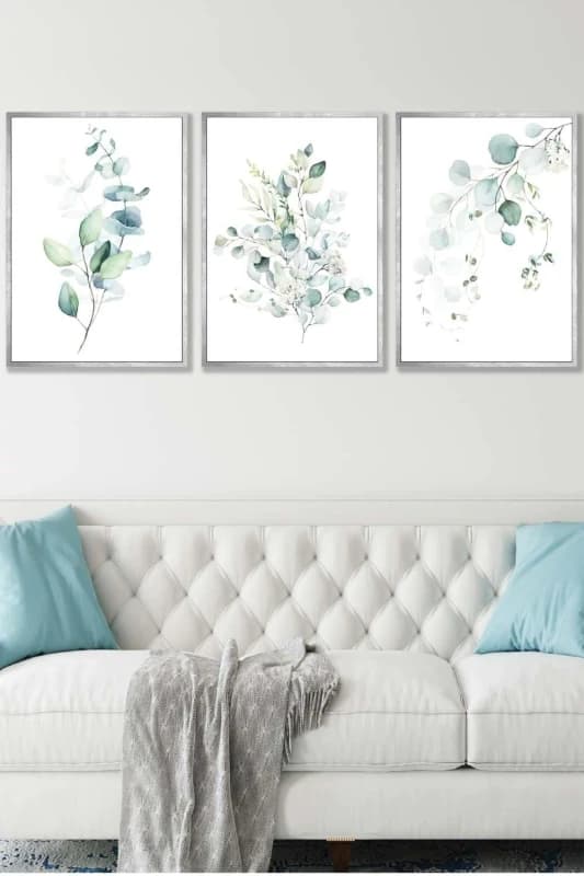 ARTZE Set of 3 Silver Framed Green Blue Watercolour Eucalyptus Set 3 Wall Art in Light Green Size: W45cm x H62cm x D20mm Light Green Unisex W45 cm