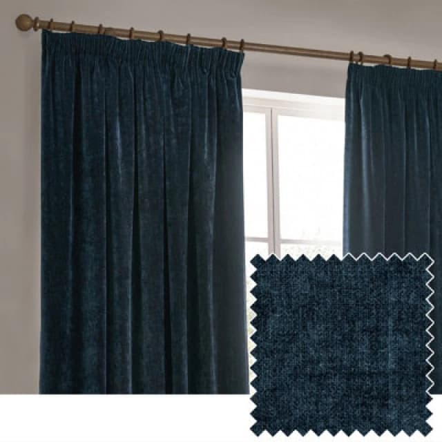 Yard Heavy Chenille Velvet Ready Made Pencil Pleat Curtains Navy