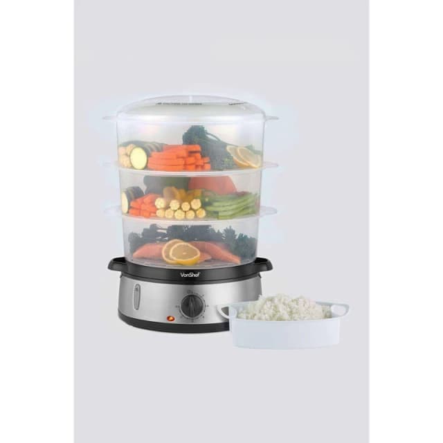 VonShef 3 Removable Stackable Tiers Electric Food Steamer Metallic Silver unisex