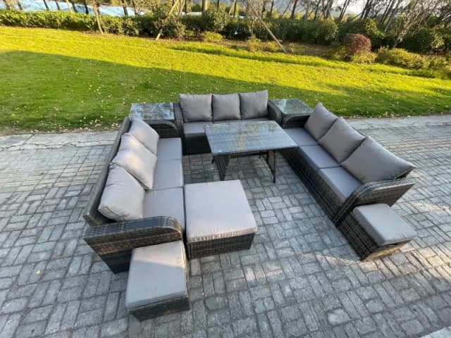 Fimous Rattan Garden Furniture Set 12 Seater Patio Outdoor Lounge Sofa Set with 2 Side Tables Rectangular Dining Table 3 Footstools Dark Grey
