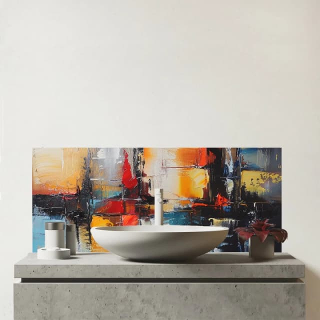 Warren Reed - Designer Reflective Splendour: City In Abstract Glass Bathroom Splashback Multicolor Unisex
