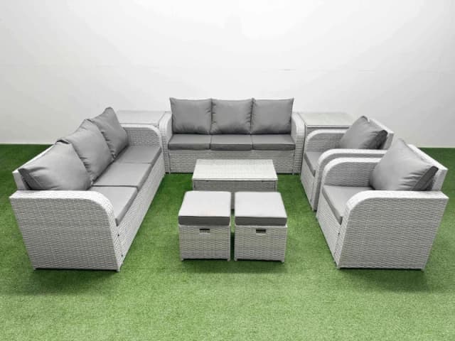 Fimous PE Rattan High Back Lounge Sofa Set Patio Coffee Table & Chairs Set with 3 Seater Sofa Reclining Chair Stools 2 Side Table Light Grey Light Gre