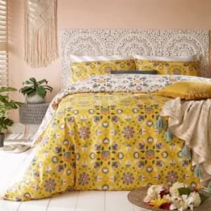 Furn. Folk Flora Ochre Reversible Duvet Cover and Pillowcase Set Ochre (Yellow)