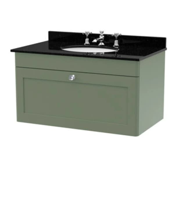 nuie 800mm Wall Hung 1 Drawer Vanity & Marble Top 3TH - Satin Green CLC896BR3
