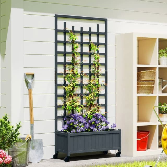 OUTSUNNY Wooden Trellis Planter, Raised Garden Bed with Wheels, Grey Grey Unisex