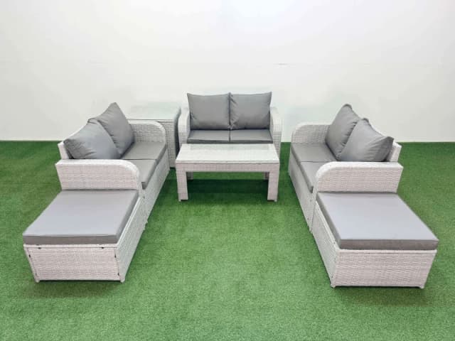 Fimous 8 Seater PE Wicker Rattan Furniture Sofa Sets with Oblong Coffee Table 2 Seater Love Sofa 2 Big Footstool Side Table Light Grey Light Grey