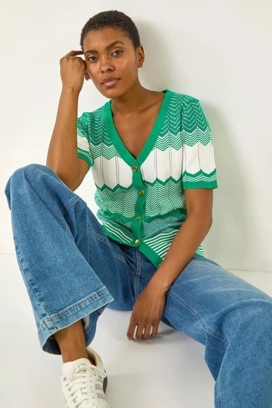 Roman Womens Wave Stitch Button Knit Jumper in Green Size: 12 Green Female 12