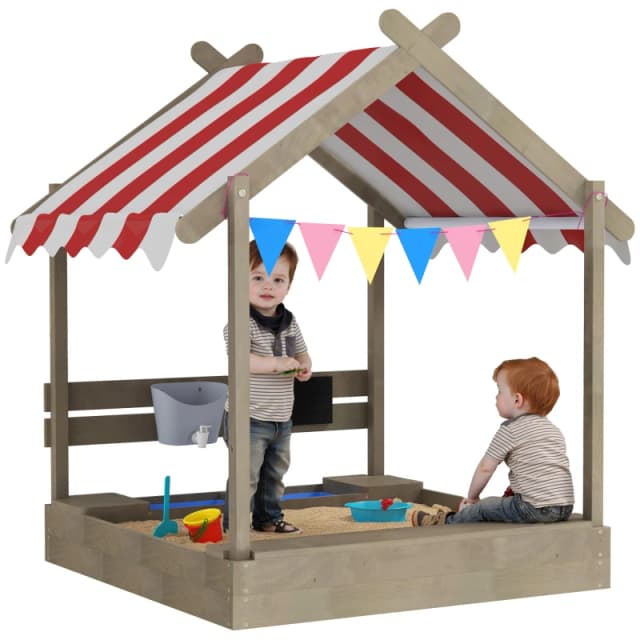 Outsunny Sand Pit with Canopy - Blackboard - Toys - Sink - Seats - Flags for Kids TJ Hughes Black 5063603014114
