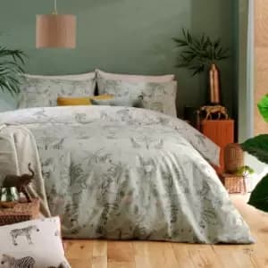 Furn. Serengeti Animals Reversible Duvet Cover and Pillowcase Set Grey/Yellow/Pink
