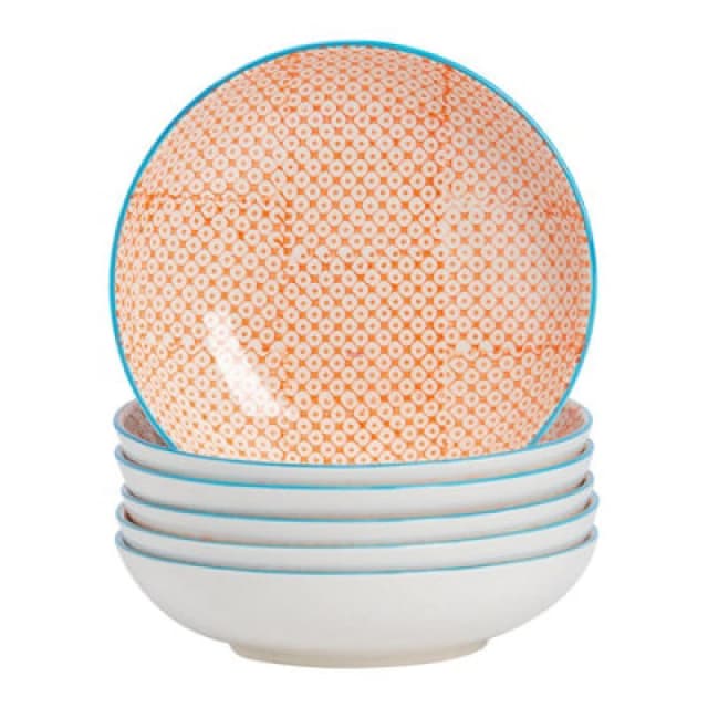 Nicola Spring Hand-Printed Pasta Bowls - 22Cm - Orange - Pack Of 6