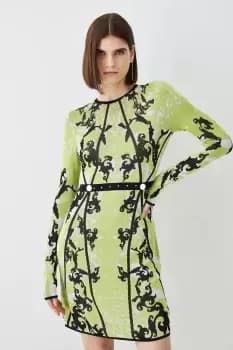 Embellished Slinky Jacquard Knitted Mini Dress