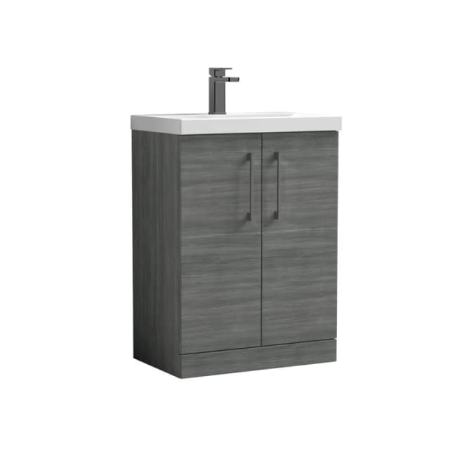 BALTERLEY Balterley Level Contemporary Bathroom Floor Standing 2-Door Vanity Unit & Mid-Edge Basin, Anthracite Woodgrain, 600mm BALARN503AH716