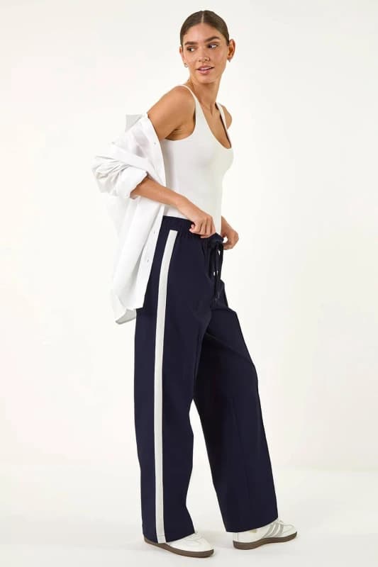 Roman Womens Tie Waist Bengaline Side Stripe Trouser in Navy Size: 16 Navy Female 16