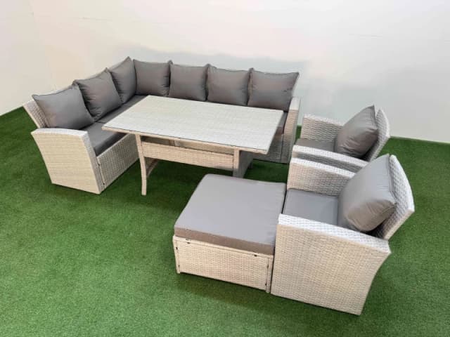 Fimous 9 Seater Rattan Garden Furniture Set Table 2 Chairs Big Footstool in Light Grey Light Grey Unisex
