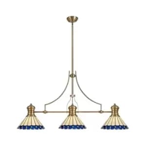 Luminosa Lighting - 3 Light Telescopic Ceiling Pendant E27 With 30cm Tiffany Shade, Antique Brass, Blue, Crystal