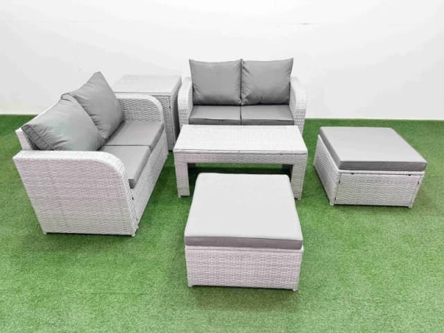 Fimous 6 Seater Outdoor Love Sofa Set Rattan Garden Furniture Set with Oblong Coffee Table 2 Footstool Side Table Light Grey Light Grey