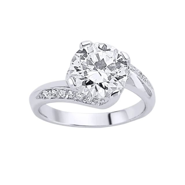Jewelco London Silver CZ Crossover Twist Solitaire Engagement Ring - GVR107 Silver