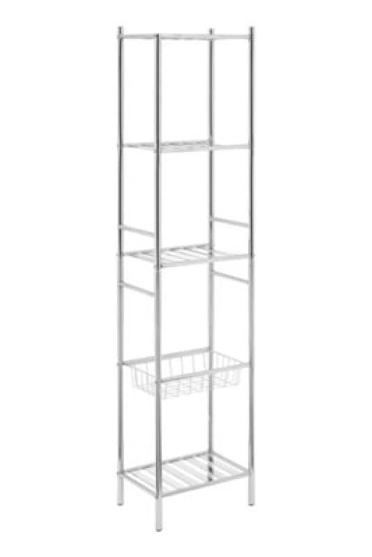 Premier Housewares Interiors By Premier Durable 5 Tier Chrome Shelf Unit With Basket, Sturdy Standing Shelves For Livingroom, Spacious Shelf Unit Silv