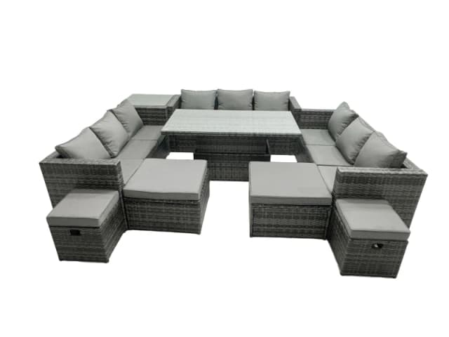 Fimous Rattan Dining Table Sofa Set with Side Table 4 Stools Outdoor 13 Seat in Dark Grey Dark Grey Unisex