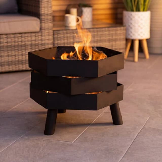 Charles Bentley Hexagonal 46cm Black Powder Coated Steel Fire Pit Black One Size