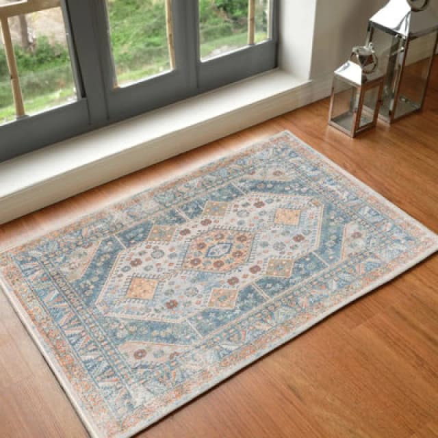 Livabliss Machine Washable Oriental Boho Denim Alka Area Rug 66 X 115cm - Easy Care, Non Shedding, Ideal For Living Room & Bedroom