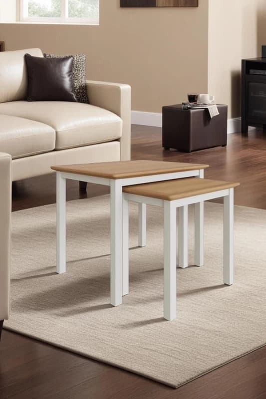 FWStyle FWStyle Oak Nest Of 2 Tables Linen Painted Finish in White White One Size Unisex 5056413124845