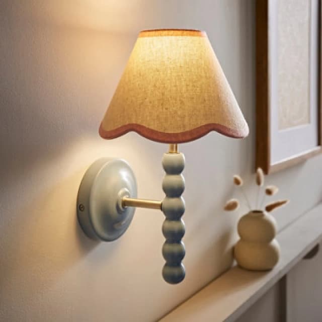 Valuelights Bobbin Blue Wall Light With Pink Trim Scallop Shade And Bulb