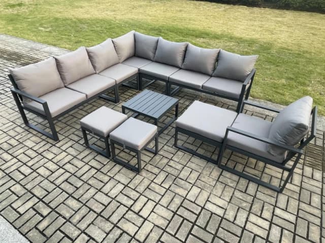 Fimous Aluminium Outdoor Garden Furniture Set Lounge Corner Sofa Square Coffee Table Chair Sets with 3 Footstools Dark Grey Dark Grey Unisex