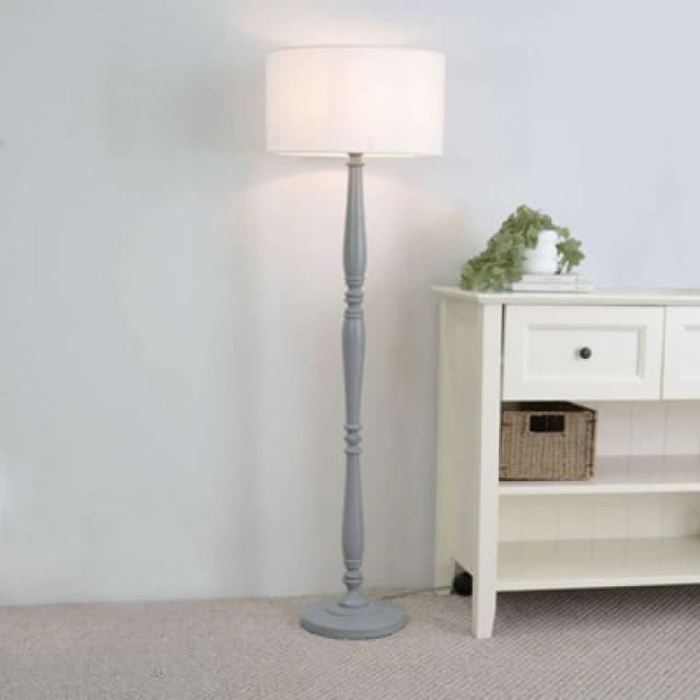 ValueLights Victoria Grey Wood Traditional Stem Floor Lamp with Fabric Drum Shade & LED Bulb White