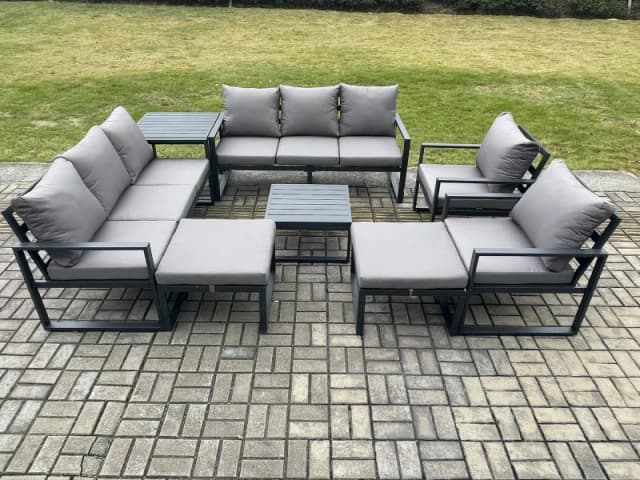 Fimous Aluminium Patio Outdoor Garden Furniture Lounge Sofa Set with Square Coffee Table 2 Chairs Side Table 2 Big Footstool Dark Grey Dark Grey Unise