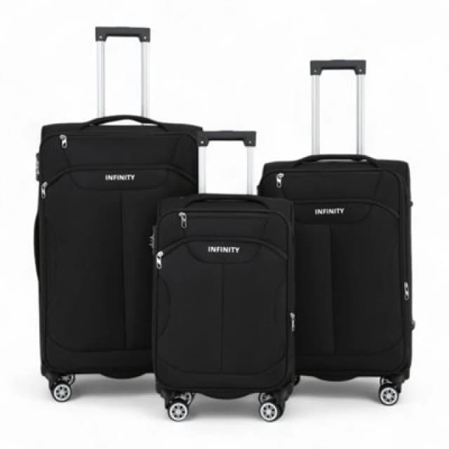 Infinity Leather Soft Shell Suitcase 8 Wheel Luggage Set Travel TSA Light Carry On Cabin Bag in Black Unisex