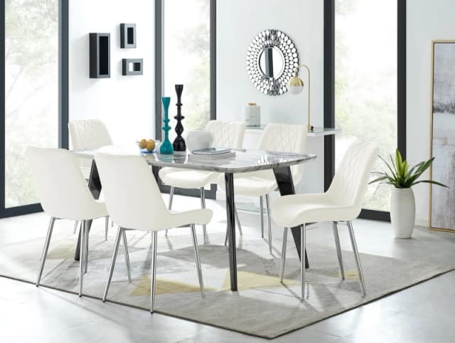 FurnitureboxUK FurnitureboxUK Andria Marble Effect Dining Table With Black Legs & 6 Pesaro Velvet Silver Leg Chairs in Cream Cream One Size Unisex 505
