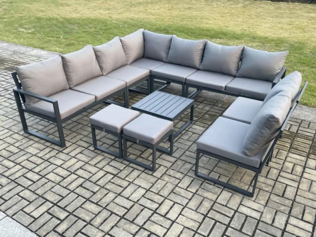 Fimous 11 Seater Patio Outdoor Garden Furniture Aluminium Lounge Corner Sofa Set with Square Coffee Table with 2 Small Footstools Dark Grey Dark Grey