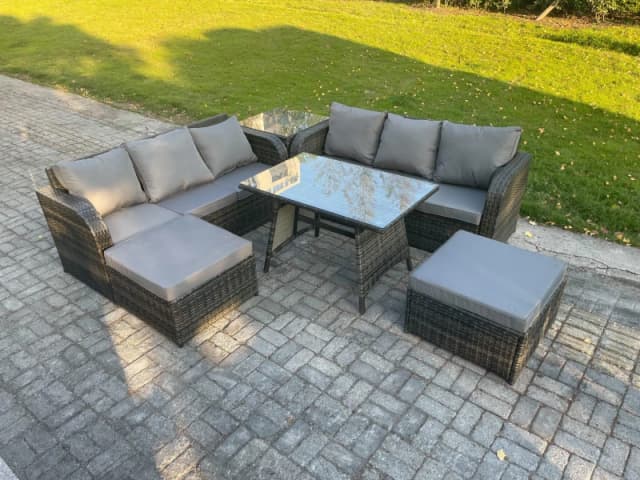 Fimous Rattan Garden Furniture Dining Set 8 seater Patio Rectangular Table 2 Big Footstool Side Table Dark Grey Mixed Dark Grey