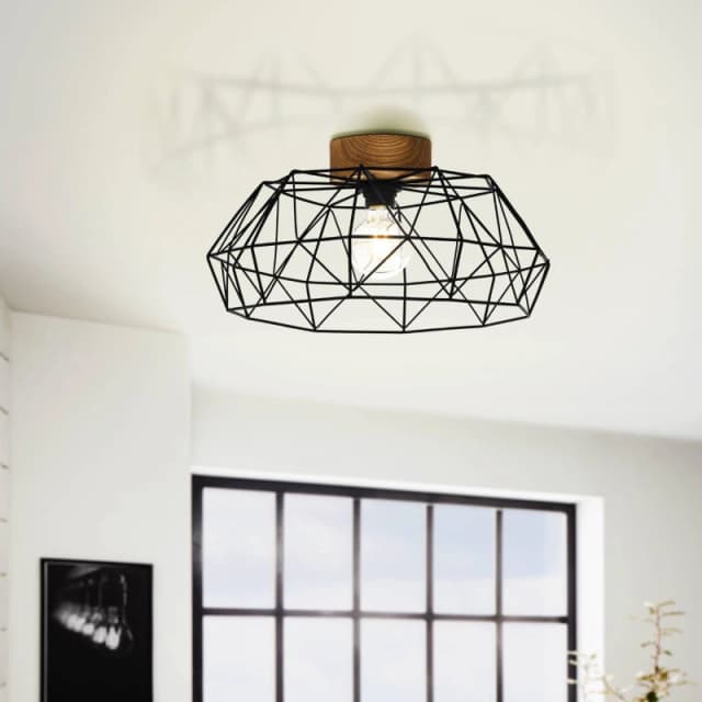 EGLO Padstow Black Metal and Natural Wood Ceiling Light (D) 45.5cm Black