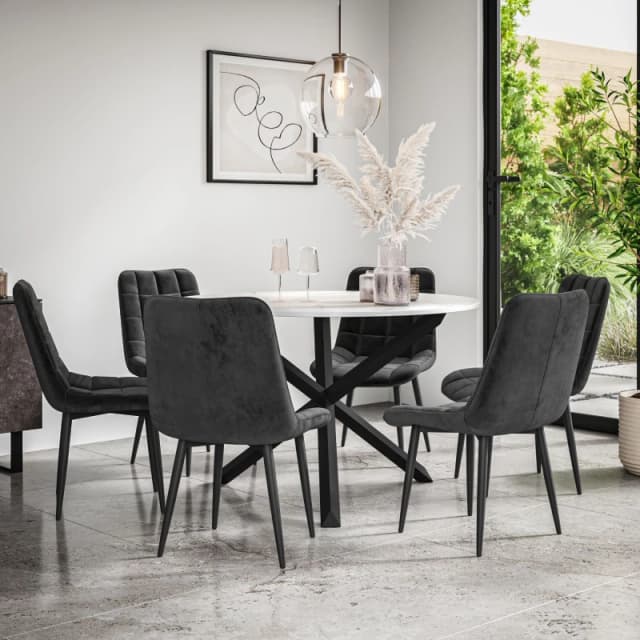 More4Homes Malvern Round Dining Table And Chairs - Marble Table Top W Solid Black Oak Legs + Nova Velvet Dining Chair Set Of 6 (Black)