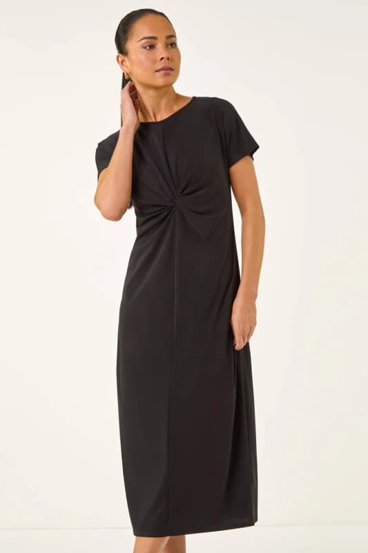 Roman Womens Petite Twist Front Stretch Midi Dress in Black Size: 14 Black Female 14