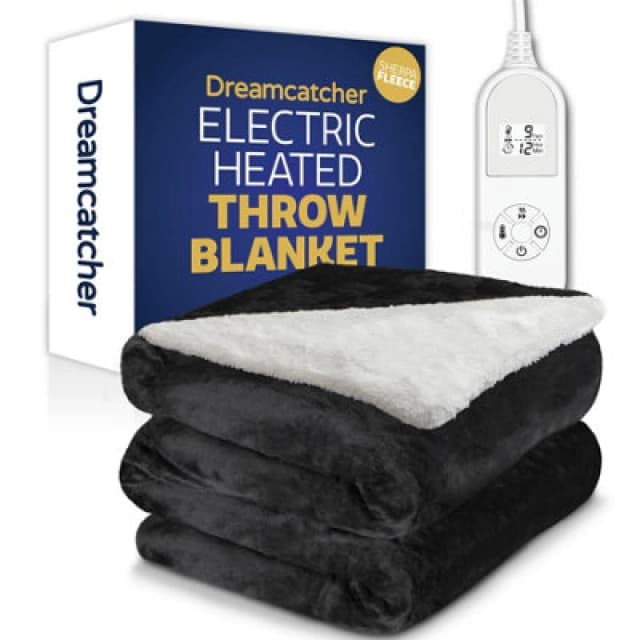 Dreamcatcher Sherpa Fleece Electric Heated Throw Over Blanket Double Polyester 160Cm X 120Cm Black