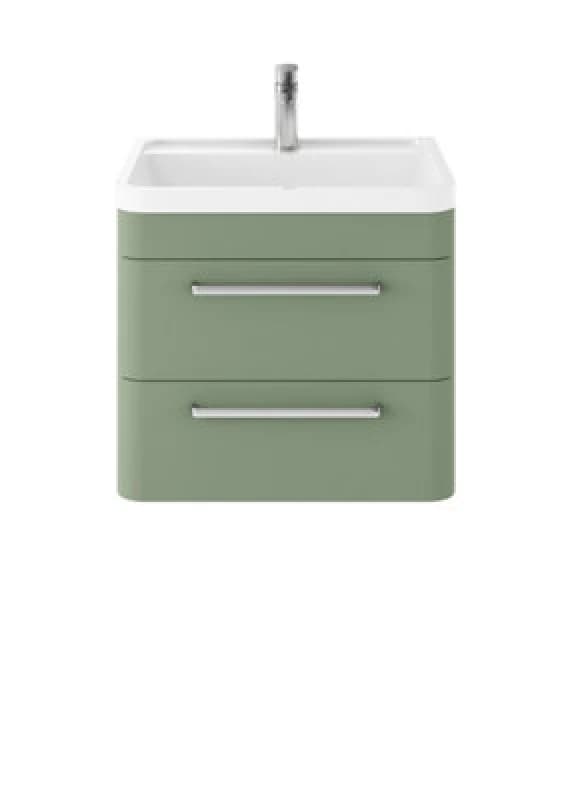 Nuie Hudson Reed Solar Wall Hung Vanity Unit With Polymarble Basin, Modern 2 Drawer Bathroom Sink Vanity Unit In Fern Green, 600mm
