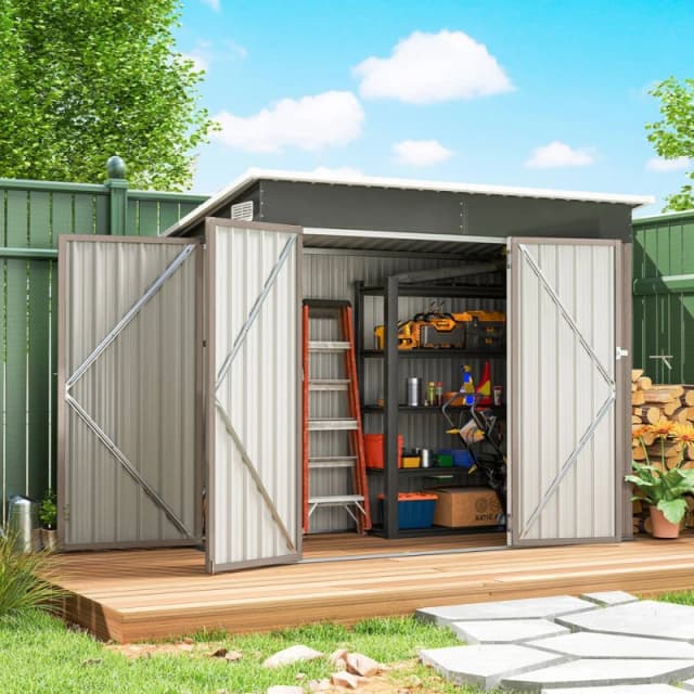 Outsunny Outdoor Storage Shed, 7.5 x 4.3ft Metal Garden Shed, Light Grey 84H-582V00LG