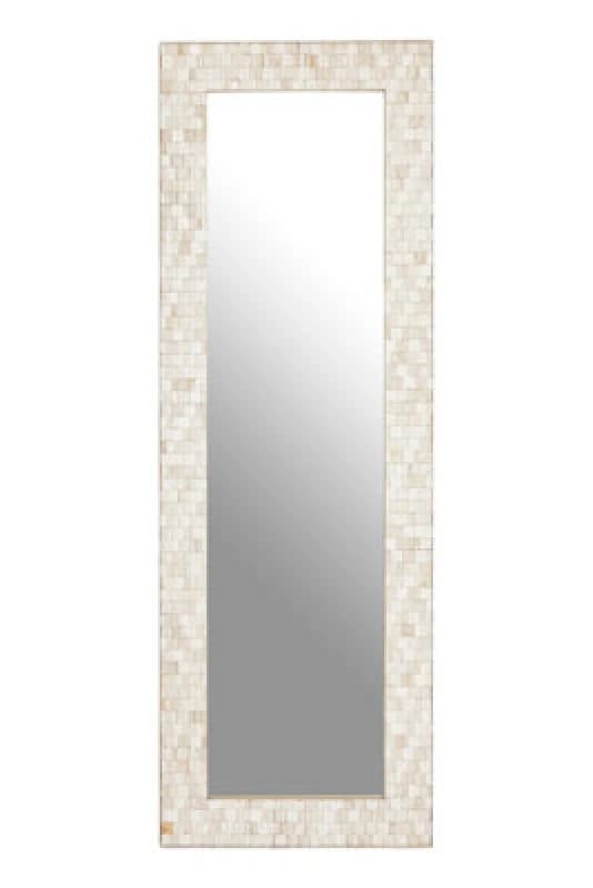 Orsina Boho Rectangular Wall Mirror, Whitewash Teak Wood Mosaic Frame, Subtle Accent Mirror For Living Room