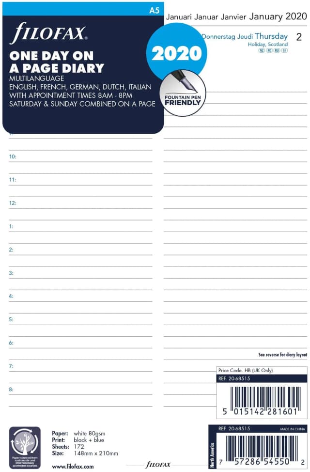 Filofax One Day Per Page With Appointments, 5 Language 2020, A5