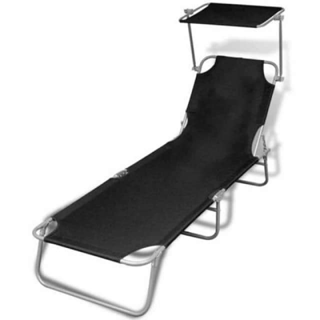 vidaXL Black Outdoor Fold-Up Sun Lounger With Canopy Outdoor Foldable Garden Sunbed